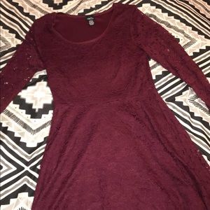 Lace, red, long-sleeve dress.